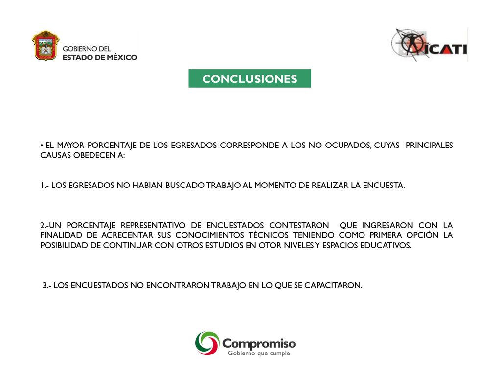 CONCLUSIONES EL MAYOR PORCENTAJE DE LOS EGRESADOS CORRESPONDE A LOS NO OCUPADOS, CUYAS PRINCIPALES CAUSAS OBEDECEN A: