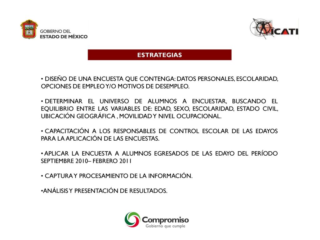 ESTRATEGIAS DISEÑO DE UNA ENCUESTA QUE CONTENGA: DATOS PERSONALES, ESCOLARIDAD, OPCIONES DE EMPLEO Y/O MOTIVOS DE DESEMPLEO.