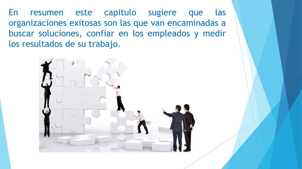 En resumen este capitulo sugiere que las organizaciones exitosas son las que van encaminadas a buscar soluciones, confiar en los empleados y medir los resultados de su trabajo.
