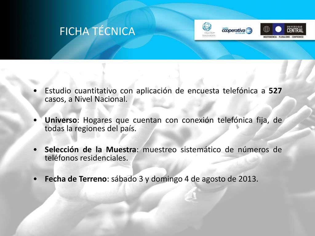 FICHA TÉCNICA Estudio cuantitativo con aplicación de encuesta telefónica a 527 casos, a Nivel Nacional.