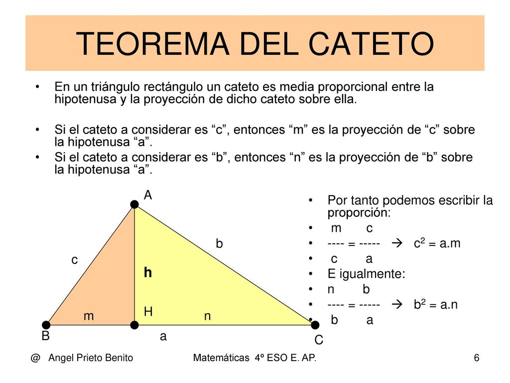 TEOREMA DEL CATETO En un triángulo rectángulo un cateto es media proporcional entre la hipotenusa y la proyección de dicho cateto sobre ella.