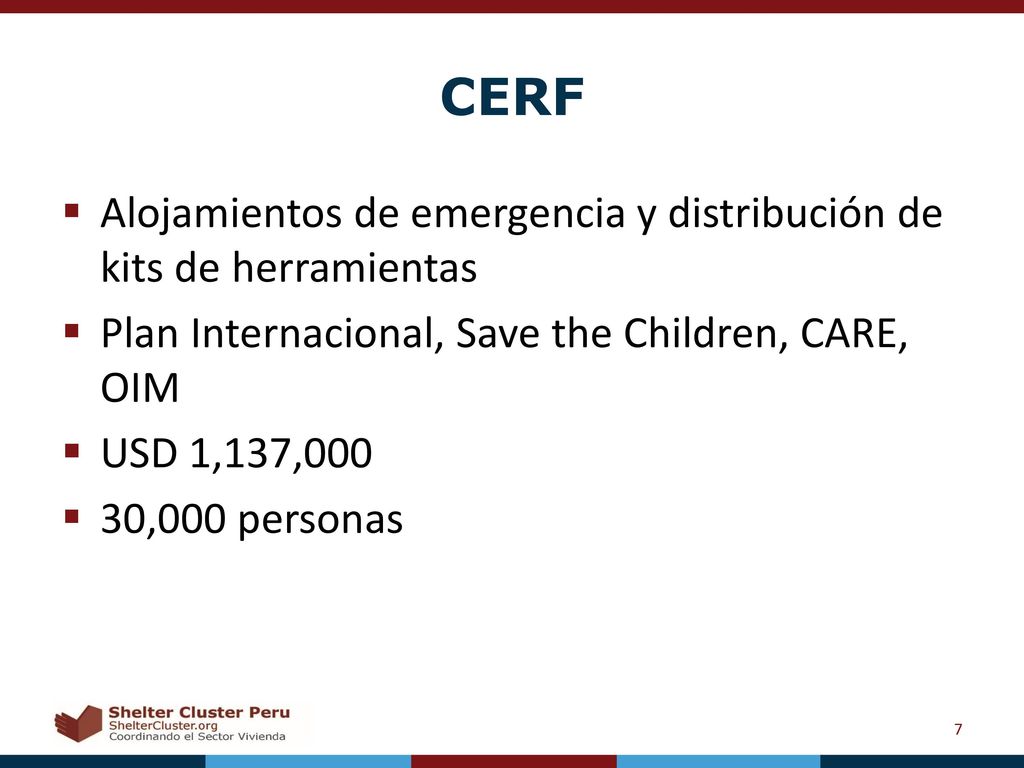 CERF Alojamientos de emergencia y distribución de kits de herramientas