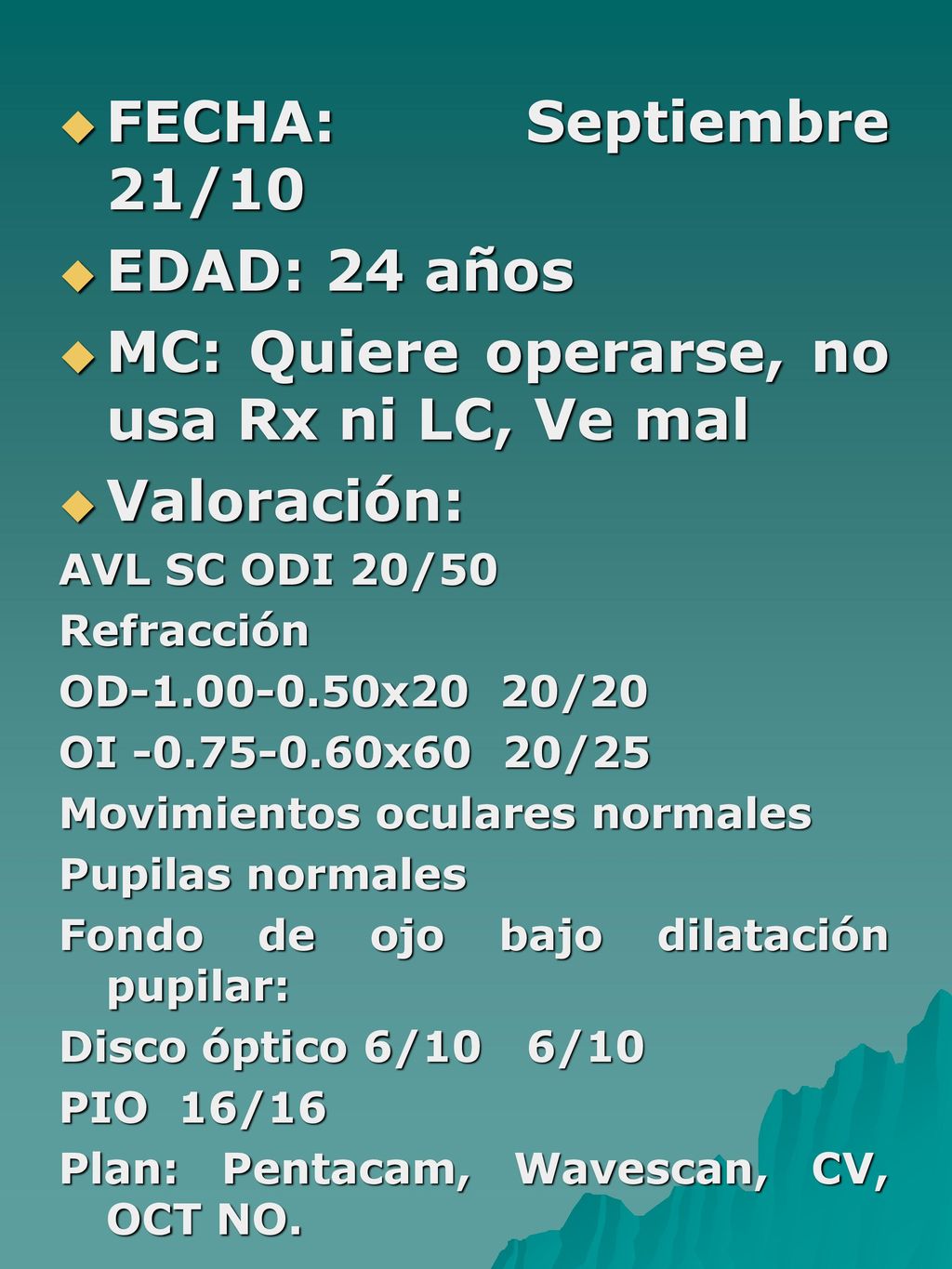 MC: Quiere operarse, no usa Rx ni LC, Ve mal Valoración: