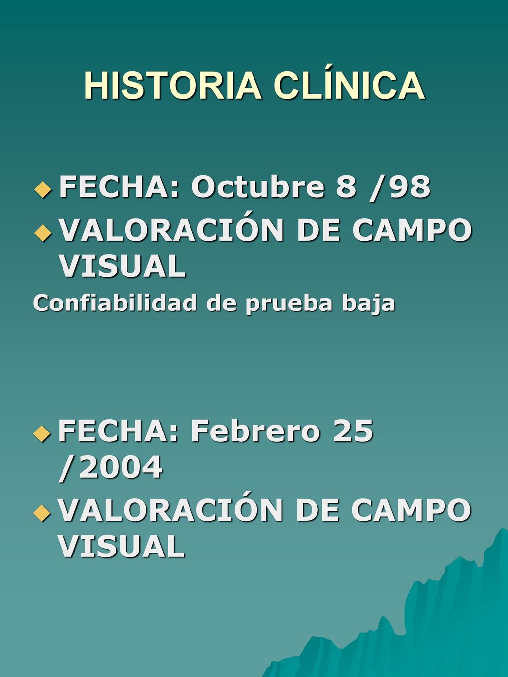 HISTORIA CLÍNICA FECHA: Octubre 8 /98 VALORACIÓN DE CAMPO VISUAL