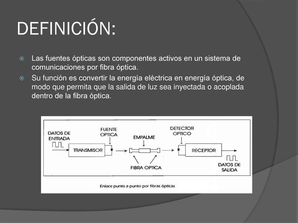 DEFINICIÓN: Las fuentes ópticas son componentes activos en un sistema de comunicaciones por fibra óptica.