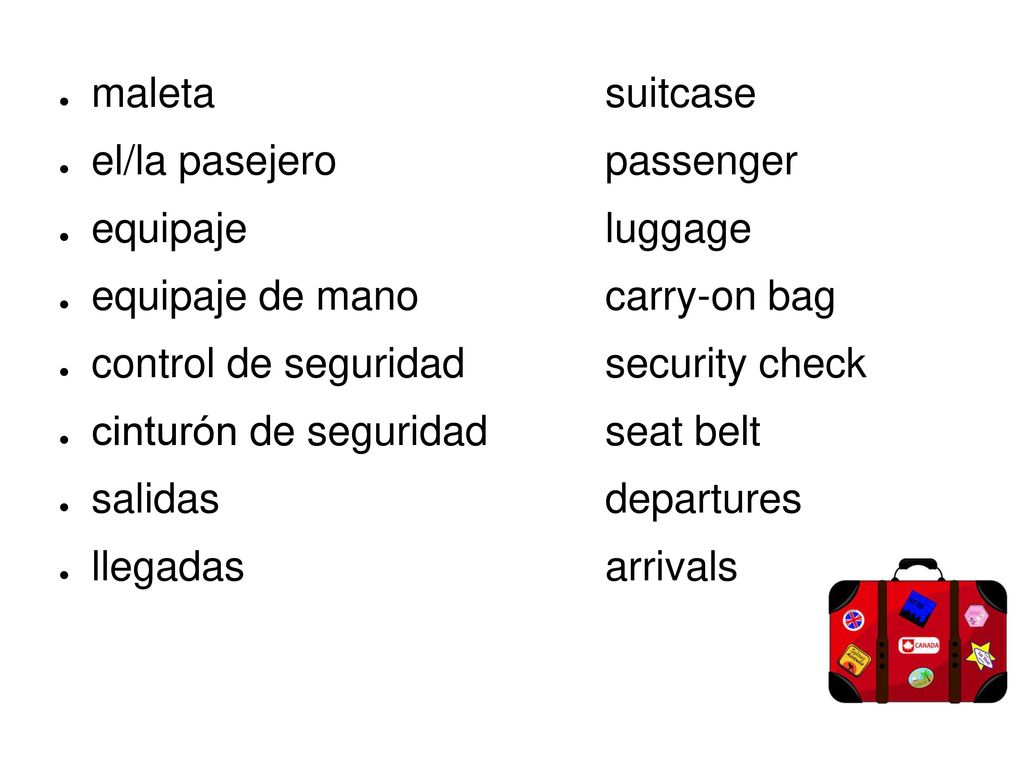 maleta suitcase el/la pasejero passenger. equipaje luggage. equipaje de mano carry-on bag.