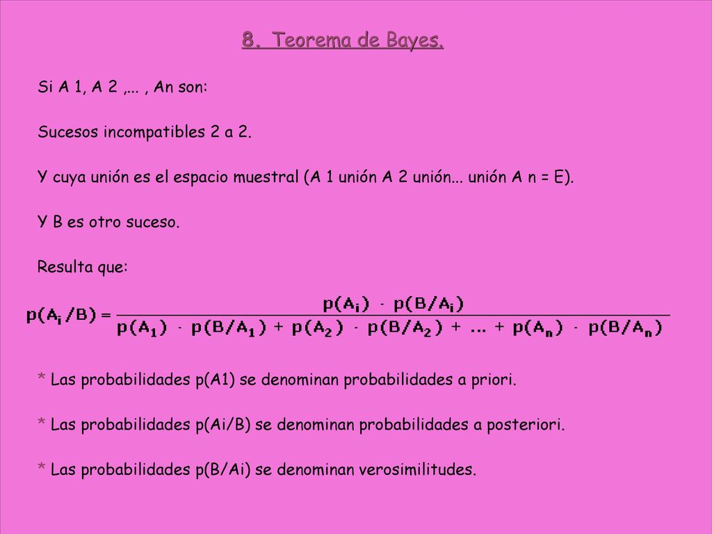 8. Teorema de Bayes. Si A 1, A 2 ,... , An son: