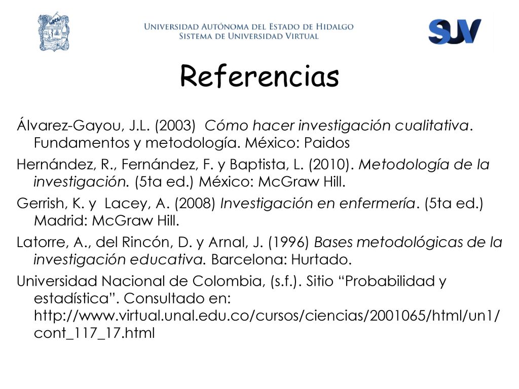 Referencias Álvarez-Gayou, J.L. (2003) Cómo hacer investigación cualitativa. Fundamentos y metodología. México: Paidos.