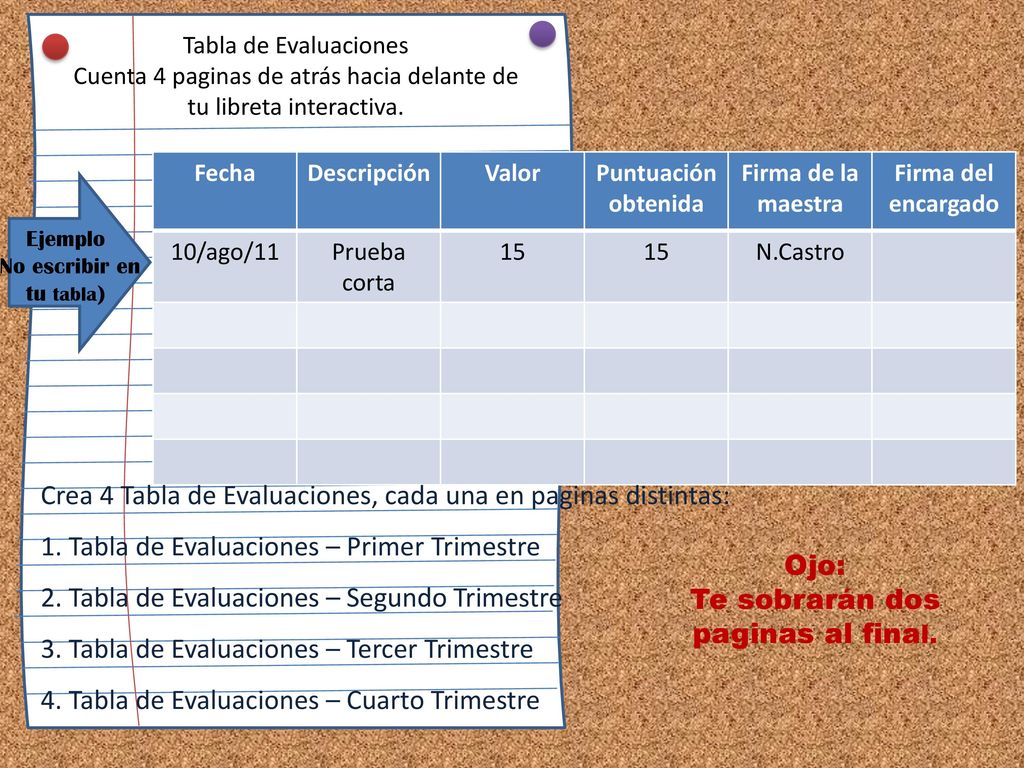 Crea 4 Tabla de Evaluaciones, cada una en paginas distintas: