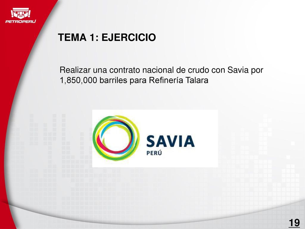 TEMA 1: EJERCICIO Realizar una contrato nacional de crudo con Savia por 1,850,000 barriles para Refinería Talara.