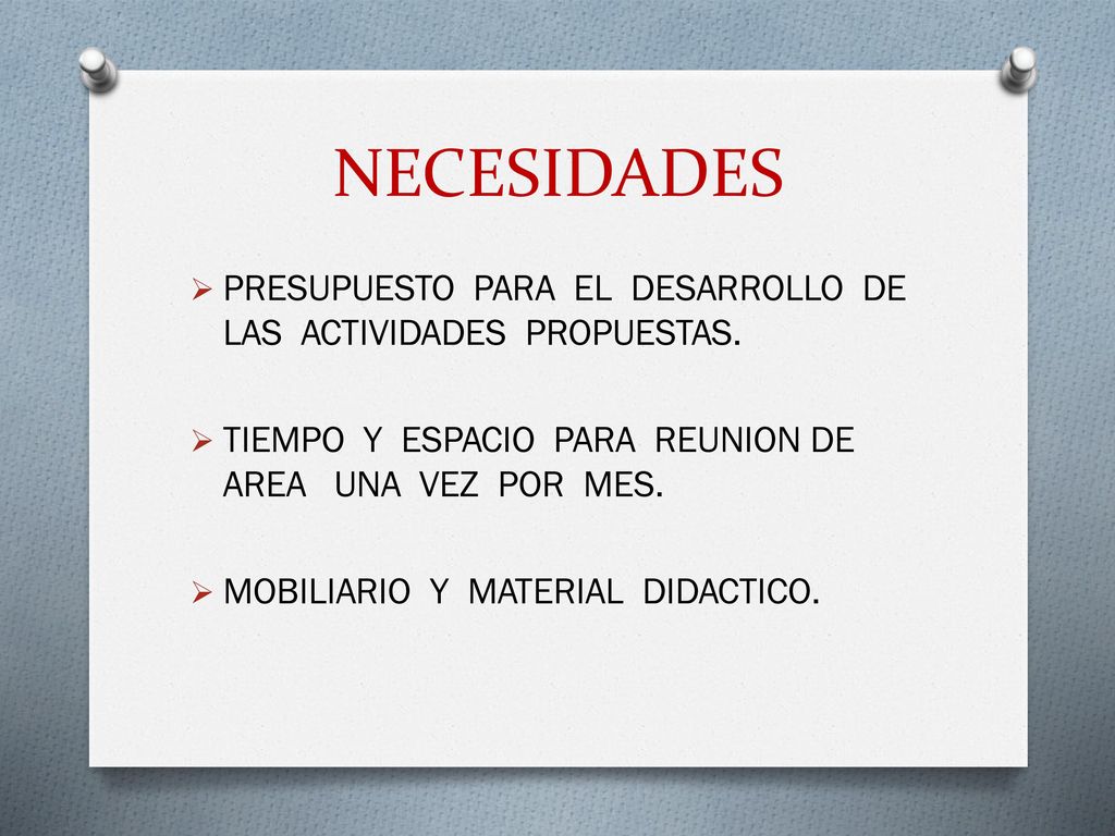 NECESIDADES PRESUPUESTO PARA EL DESARROLLO DE LAS ACTIVIDADES PROPUESTAS. TIEMPO Y ESPACIO PARA REUNION DE AREA UNA VEZ POR MES.