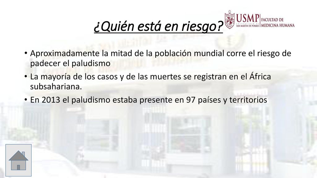 ¿Quién está en riesgo Aproximadamente la mitad de la población mundial corre el riesgo de padecer el paludismo.