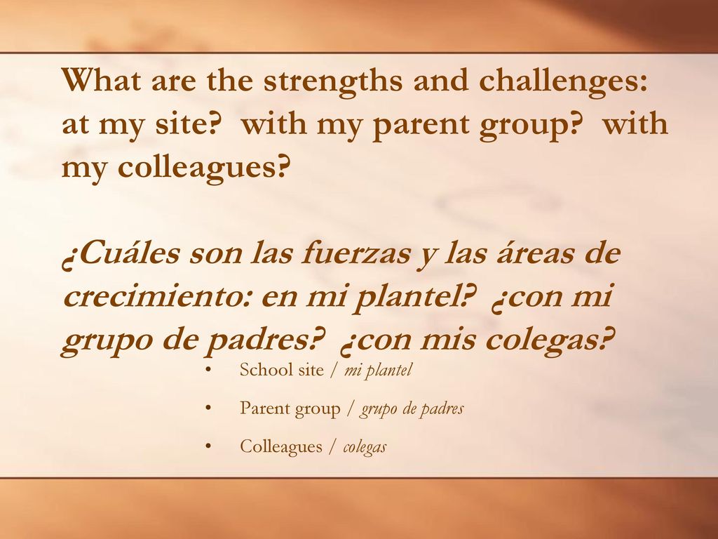 What are the strengths and challenges: at my site with my parent group with my colleagues ¿Cuáles son las fuerzas y las áreas de crecimiento: en mi plantel ¿con mi grupo de padres ¿con mis colegas