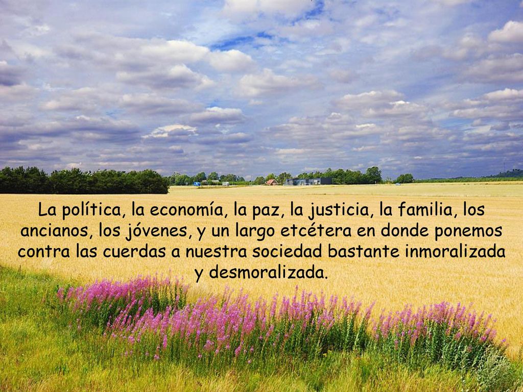La política, la economía, la paz, la justicia, la familia, los ancianos, los jóvenes, y un largo etcétera en donde ponemos contra las cuerdas a nuestra sociedad bastante inmoralizada y desmoralizada.