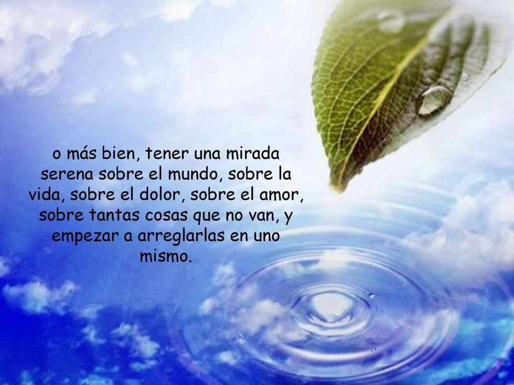 o más bien, tener una mirada serena sobre el mundo, sobre la vida, sobre el dolor, sobre el amor, sobre tantas cosas que no van, y empezar a arreglarlas en uno mismo.