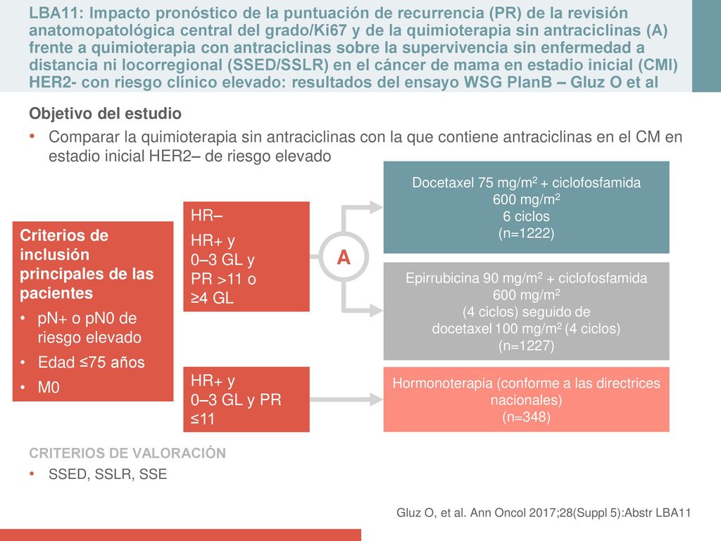LBA11: Impacto pronóstico de la puntuación de recurrencia (PR) de la revisión anatomopatológica central del grado/Ki67 y de la quimioterapia sin antraciclinas (A) frente a quimioterapia con antraciclinas sobre la supervivencia sin enfermedad a distancia ni locorregional (SSED/SSLR) en el cáncer de mama en estadio inicial (CMI) HER2- con riesgo clínico elevado: resultados del ensayo WSG PlanB – Gluz O et al