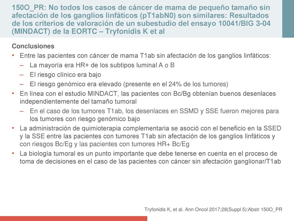 150O_PR: No todos los casos de cáncer de mama de pequeño tamaño sin afectación de los ganglios linfáticos (pT1abN0) son similares: Resultados de los criterios de valoración de un subestudio del ensayo 10041/BIG 3-04 (MINDACT) de la EORTC – Tryfonidis K et al