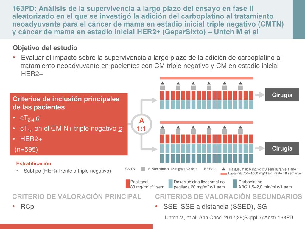 163PD: Análisis de la supervivencia a largo plazo del ensayo en fase II aleatorizado en el que se investigó la adición del carboplatino al tratamiento neoadyuvante para el cáncer de mama en estadio inicial triple negativo (CMTN) y cáncer de mama en estadio inicial HER2+ (GeparSixto) – Untch M et al