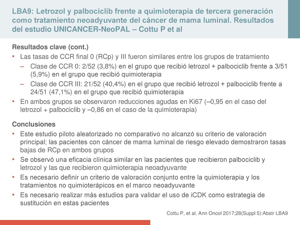 LBA9: Letrozol y palbociclib frente a quimioterapia de tercera generación como tratamiento neoadyuvante del cáncer de mama luminal. Resultados del estudio UNICANCER-NeoPAL – Cottu P et al