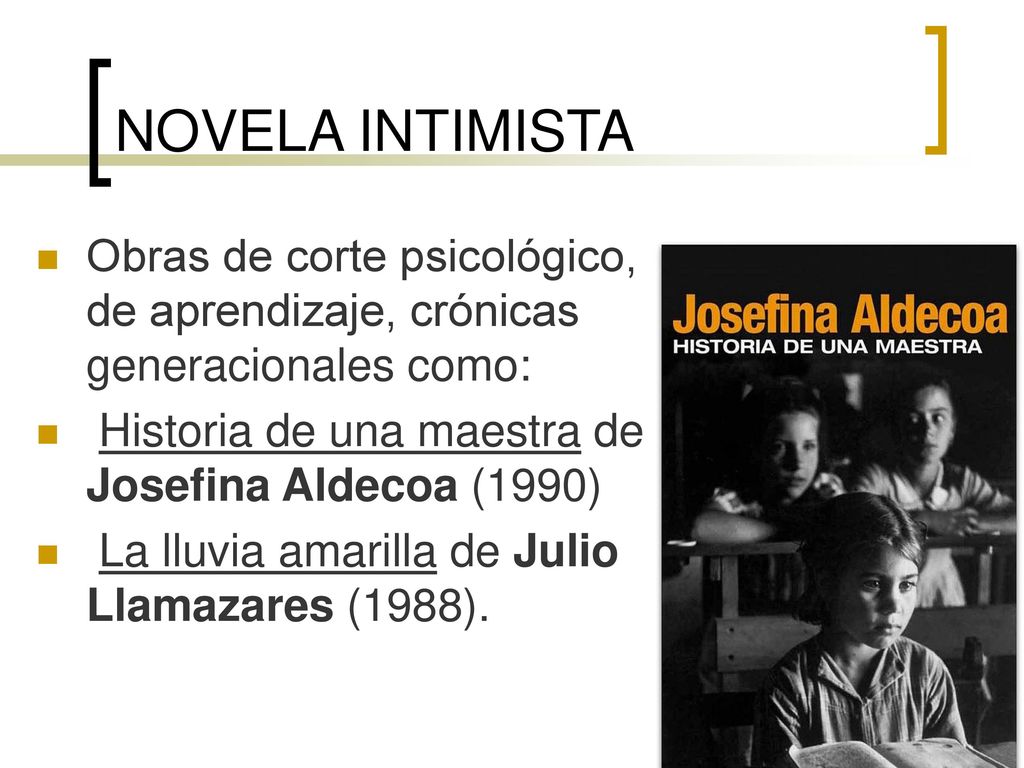 NOVELA INTIMISTA Obras de corte psicológico, de aprendizaje, crónicas generacionales como: Historia de una maestra de Josefina Aldecoa (1990)