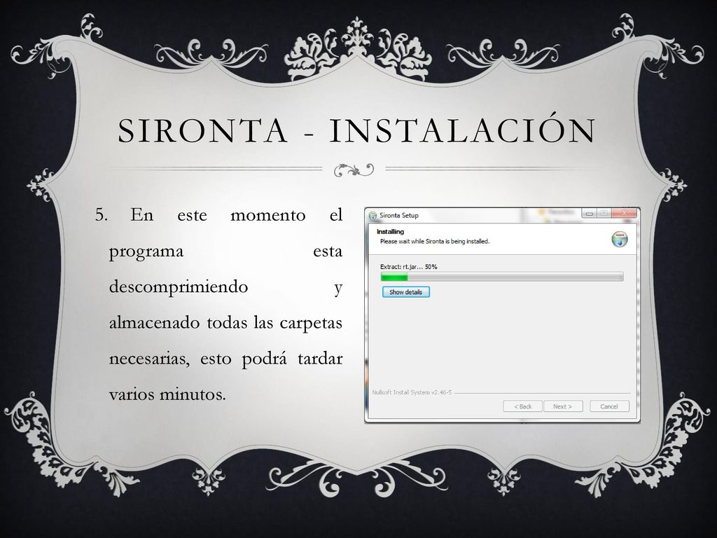 Sironta - instalación En este momento el programa esta descomprimiendo y almacenado todas las carpetas necesarias, esto podrá tardar varios minutos.