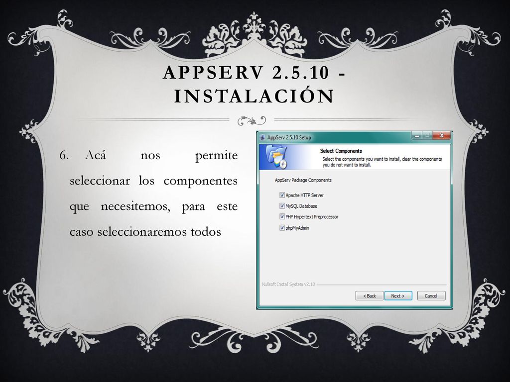 APPSERV instalación Acá nos permite seleccionar los componentes que necesitemos, para este caso seleccionaremos todos.