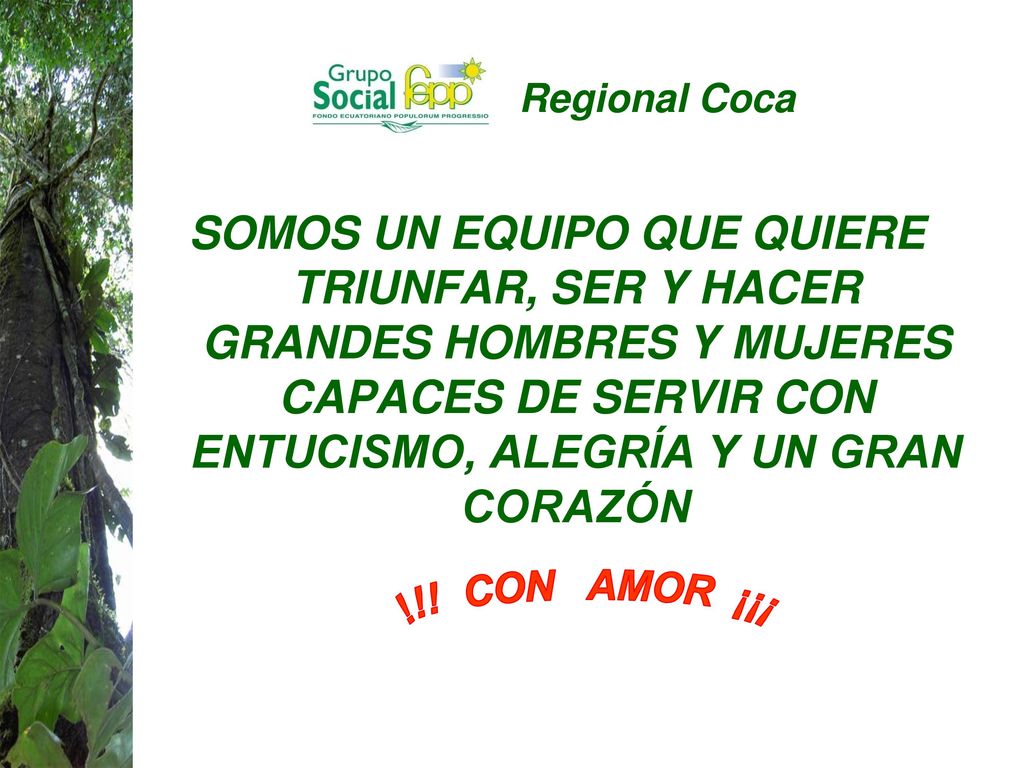 Regional Coca SOMOS UN EQUIPO QUE QUIERE TRIUNFAR, SER Y HACER GRANDES HOMBRES Y MUJERES CAPACES DE SERVIR CON ENTUCISMO, ALEGRÍA Y UN GRAN CORAZÓN.
