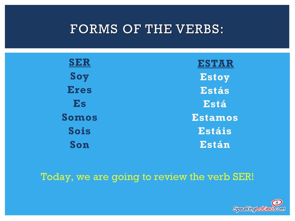 FORMS OF THE VERBS: SER Soy Eres Es Somos Sois Son