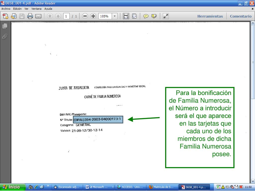 Para la bonificación de Familia Numerosa, el Número a introducir será el que aparece en las tarjetas que cada uno de los miembros de dicha Familia Numerosa posee.