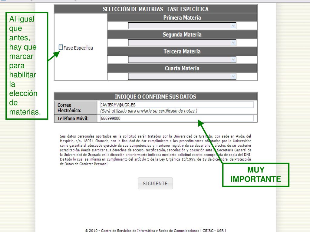 Al igual que antes, hay que marcar para habilitar la elección de materias.