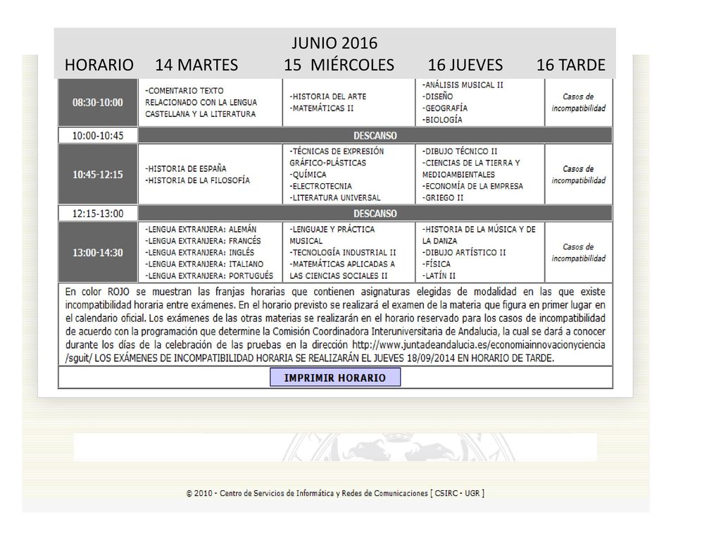 JUNIO 2016 HORARIO 14 MARTES 15 MIÉRCOLES 16 JUEVES 16 TARDE
