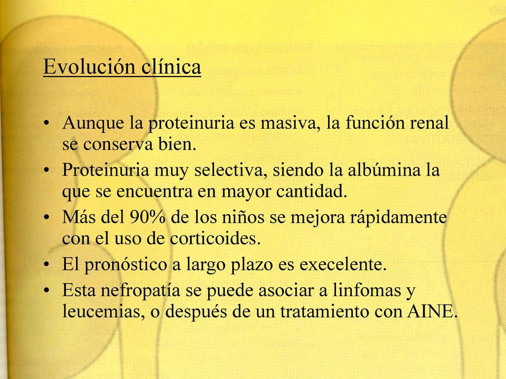 Evolución clínica Aunque la proteinuria es masiva, la función renal se conserva bien.