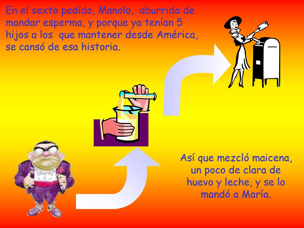 En el sexto pedido, Manolo, aburrido de mandar esperma, y porque ya tenían 5 hijos a los que mantener desde América, se cansó de esa historia.