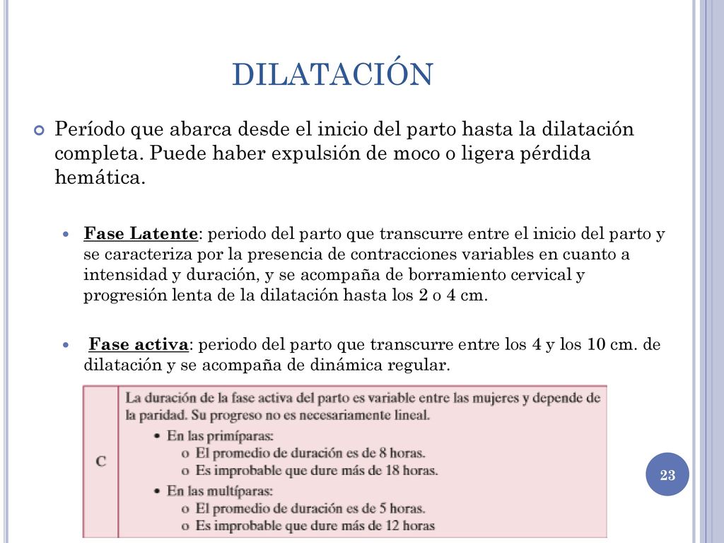 DILATACIÓN Período que abarca desde el inicio del parto hasta la dilatación completa. Puede haber expulsión de moco o ligera pérdida hemática.