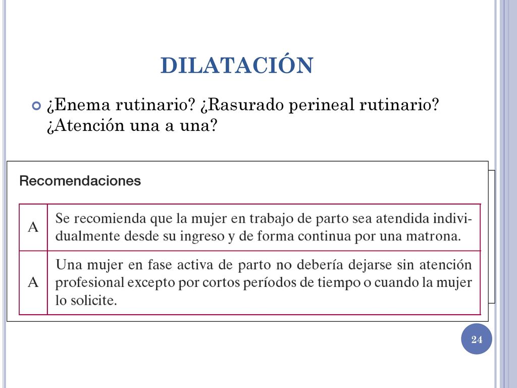 DILATACIÓN ¿Enema rutinario ¿Rasurado perineal rutinario ¿Atención una a una