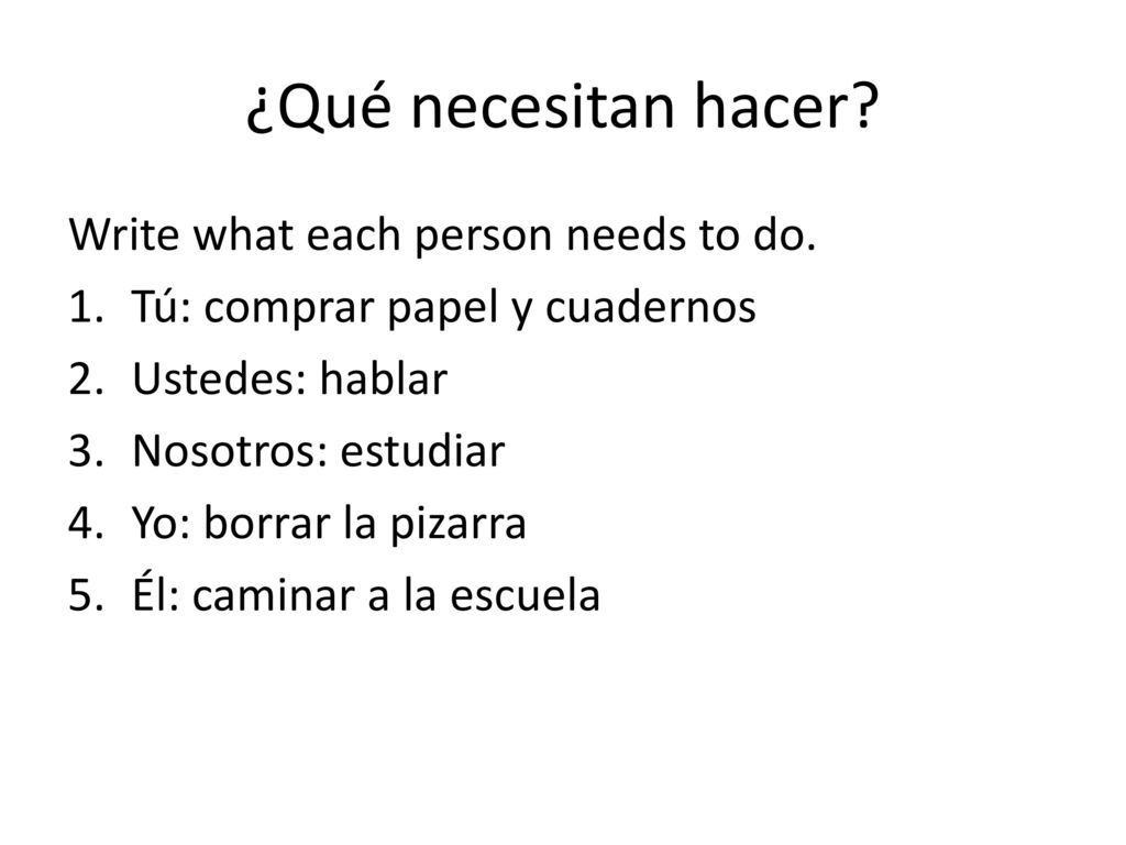 ¿Qué necesitan hacer Write what each person needs to do.
