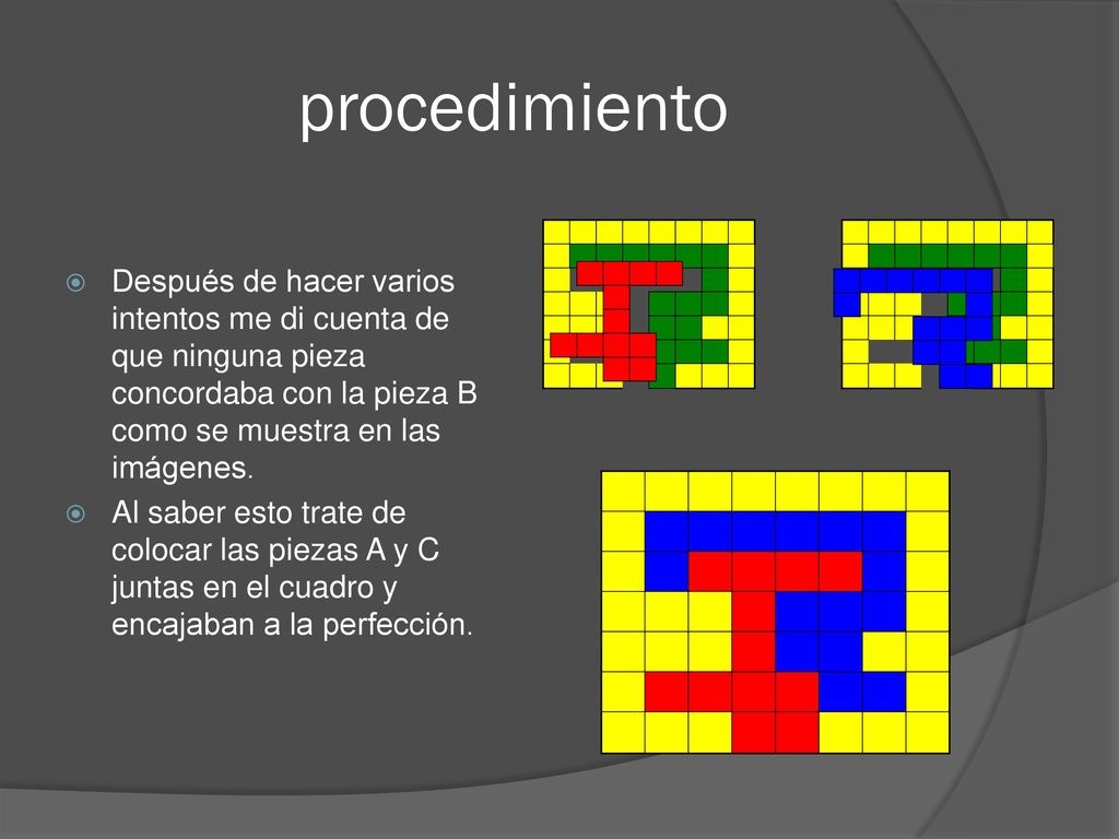 procedimiento Después de hacer varios intentos me di cuenta de que ninguna pieza concordaba con la pieza B como se muestra en las imágenes.