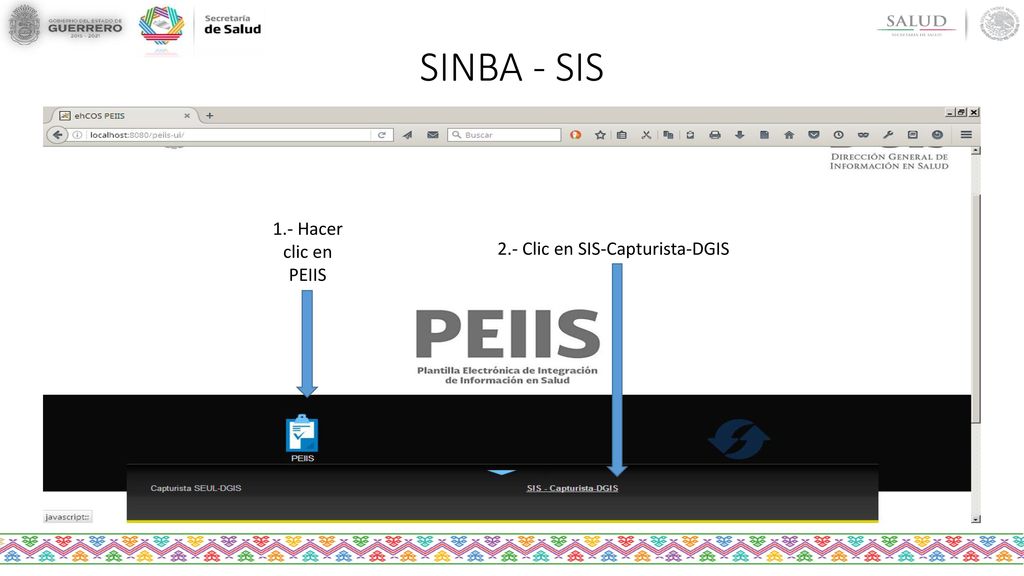 SINBA - SIS 1.- Hacer clic en PEIIS 2.- Clic en SIS-Capturista-DGIS