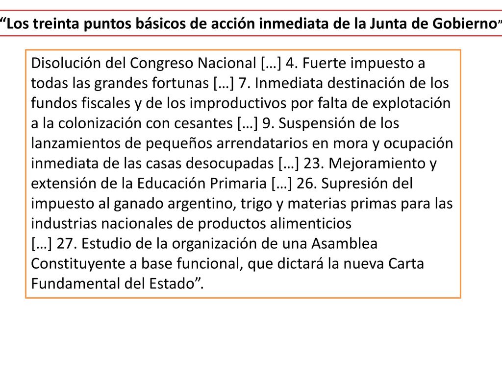 Los treinta puntos básicos de acción inmediata de la Junta de Gobierno .
