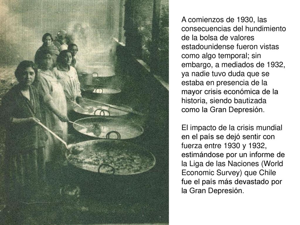 A comienzos de 1930, las consecuencias del hundimiento de la bolsa de valores estadounidense fueron vistas como algo temporal; sin embargo, a mediados de 1932, ya nadie tuvo duda que se estaba en presencia de la mayor crisis económica de la historia, siendo bautizada como la Gran Depresión.