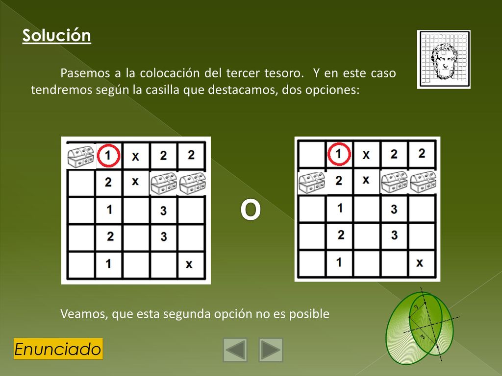 Solución Pasemos a la colocación del tercer tesoro. Y en este caso tendremos según la casilla que destacamos, dos opciones: