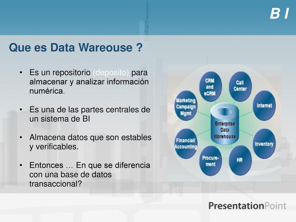 B I Que es Data Wareouse Es un repositorio (deposito) para almacenar y analizar información numérica.