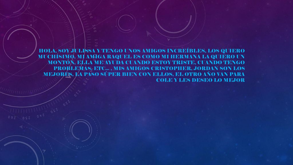 hola, soy Julissa y tengo unos amigos increíbles, los quiero muchísimo, mi amiga Raquel es como mi hermana la quiero un montón, ella me ayuda cuando estoy triste, cuando tengo problemas, etc...