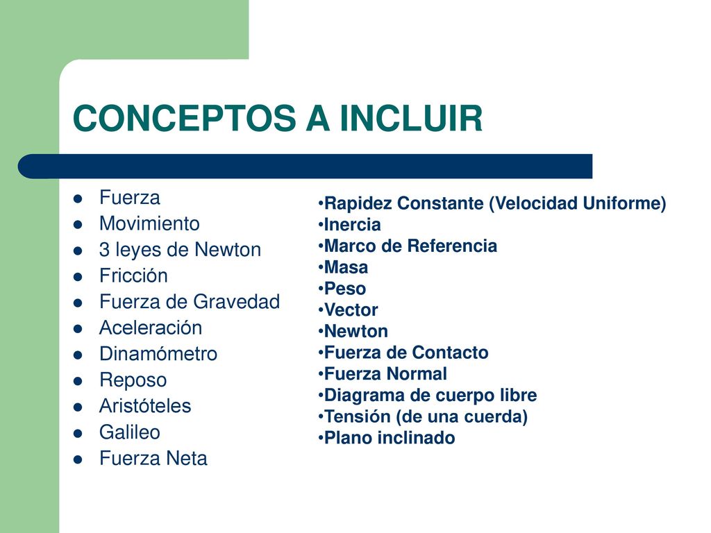CONCEPTOS A INCLUIR Fuerza Movimiento 3 leyes de Newton Fricción
