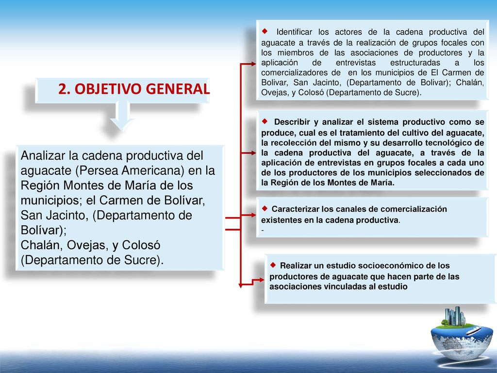  Identificar los actores de la cadena productiva del aguacate a través de la realización de grupos focales con los miembros de las asociaciones de productores y la aplicación de entrevistas estructuradas a los comercializadores de en los municipios de El Carmen de Bolivar, San Jacinto, (Departamento de Bolivar); Chalán, Ovejas, y Colosó (Departamento de Sucre).