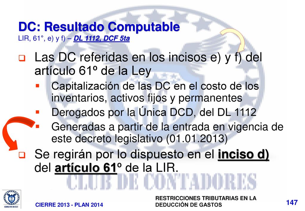 DC: Resultado Computable LIR, 61°, e) y f) – DL 1112, DCF 5ta