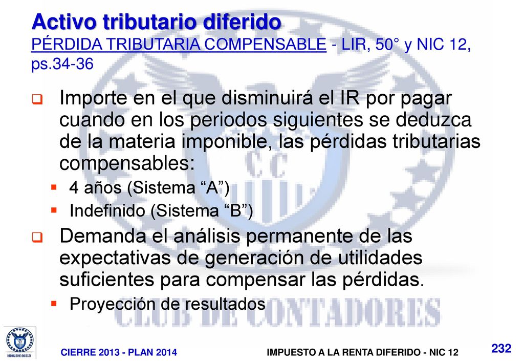 Activo tributario diferido PÉRDIDA TRIBUTARIA COMPENSABLE - LIR, 50° y NIC 12, ps.34-36
