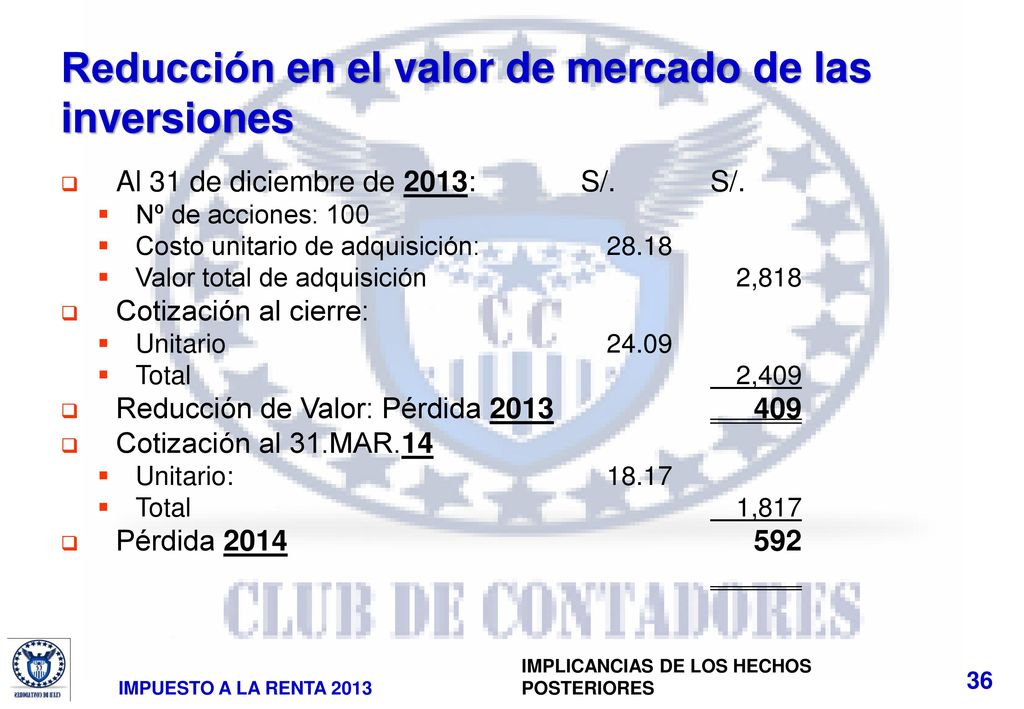 Reducción en el valor de mercado de las inversiones