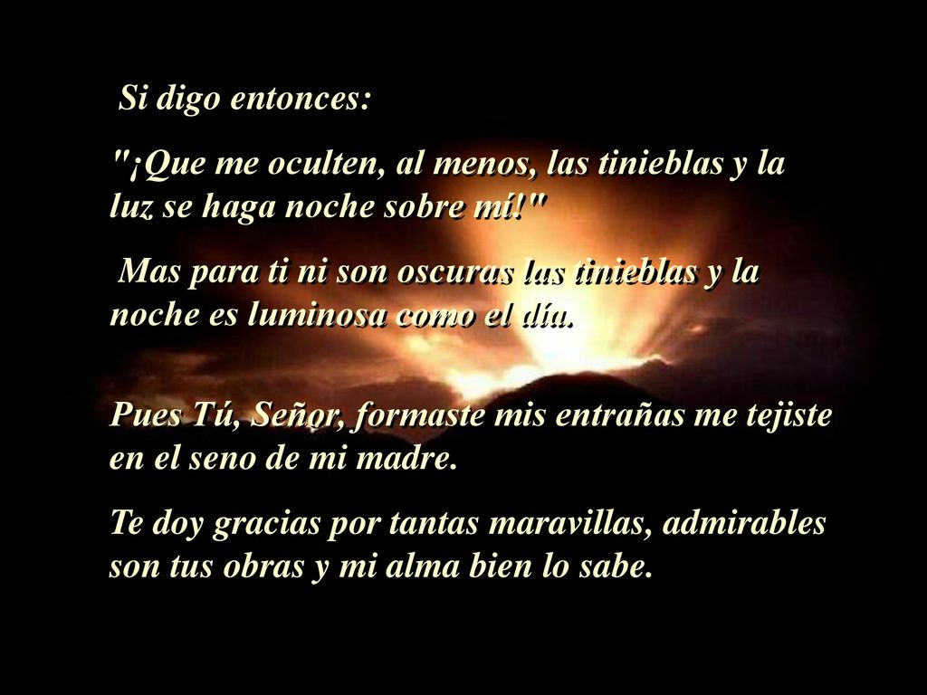 Si digo entonces: ¡Que me oculten, al menos, las tinieblas y la luz se haga noche sobre mí!