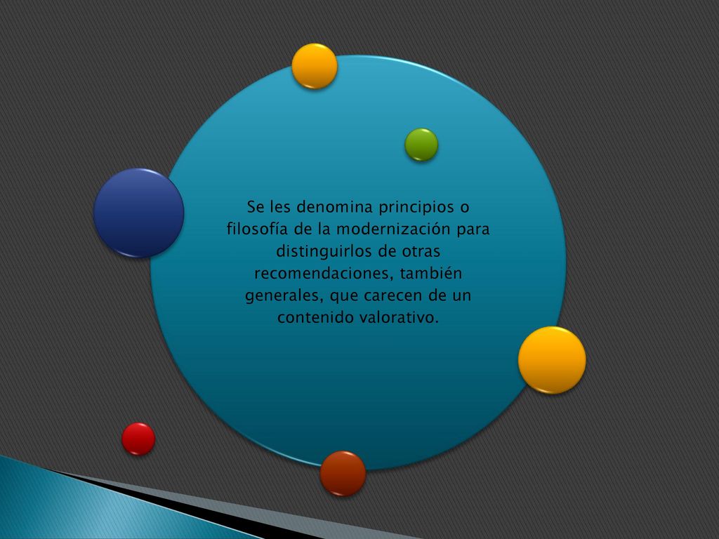 Se les denomina principios o filosofía de la modernización para distinguirlos de otras recomendaciones, también generales, que carecen de un contenido valorativo.
